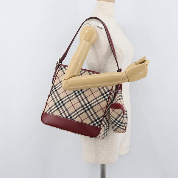 BURBERRY Nova Check Blue Label Shoulder Bag Canvas Beige Silver Auth bs34116