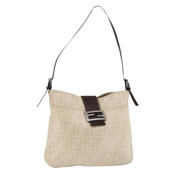 FENDI Zucca Canvas Mamma Baguette Shoulder Bag Beige Silver Auth bs34136A
