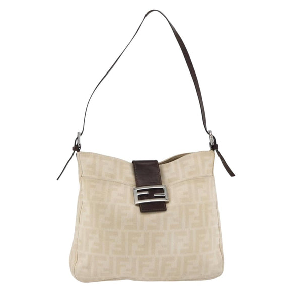 FENDI Zucca Canvas Mamma Baguette Shoulder Bag Beige Silver Auth bs34136A