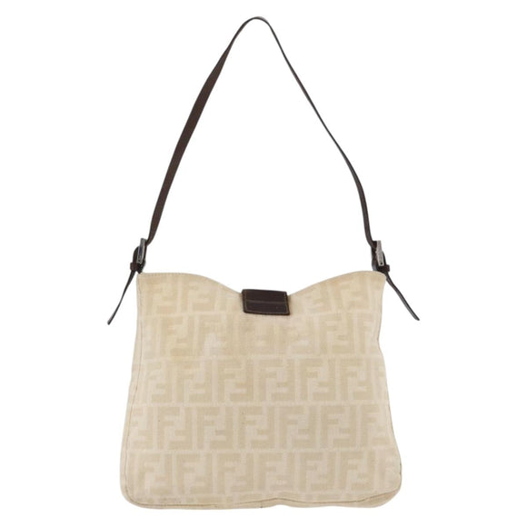 FENDI Zucca Canvas Mamma Baguette Shoulder Bag Beige Silver Auth bs34136A