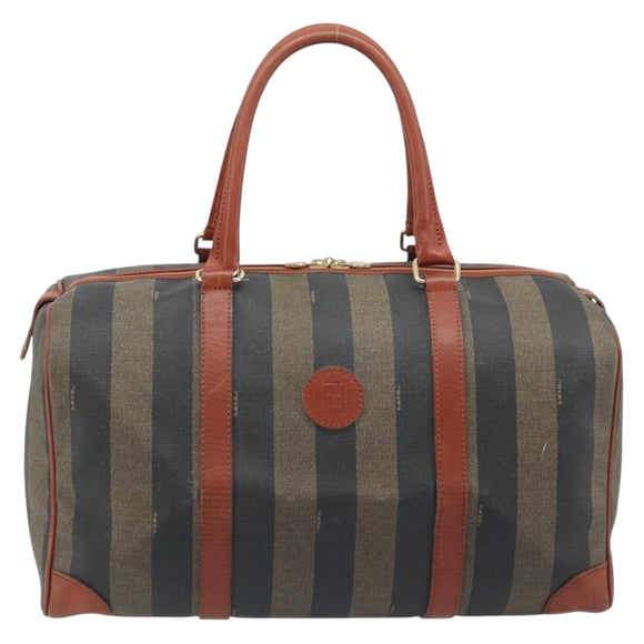 FENDI Pecan Canvas Boston Bag PVC Brown Black Auth bs34148