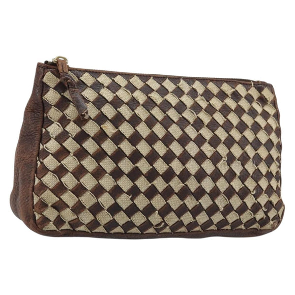BOTTEGA VENETA INTRECCIATO Pouch Canvas Leder Braun Gold Auth bs34153