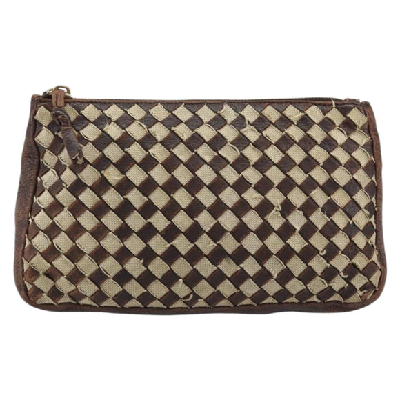 BOTTEGA VENETA INTRECCIATO Pouch Canvas Leder Braun Gold Auth bs34153
