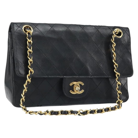 CHANEL Matelasse 25 Double Flap Chain Bag Lammleder Gold Schwarz CC Auth bs34164