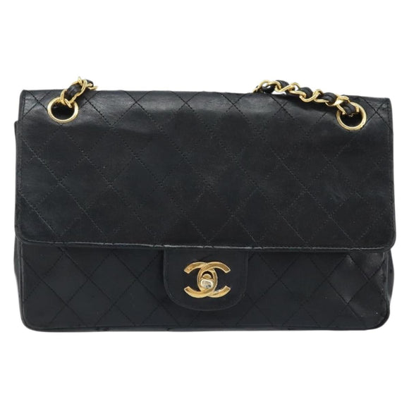 CHANEL Matelasse 25 Double Flap Chain Bag Lamb Skin Gold Black CC Auth bs34164