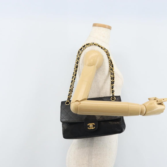 CHANEL Matelasse 25 Double Flap Chain Bag Lamb Skin Gold Black CC Auth bs34164