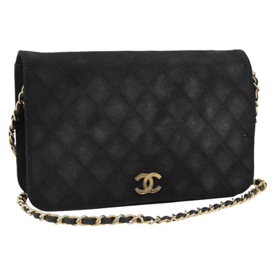 CHANEL Matelasse Chain Shoulder Bag Cotton Black Gold CC Auth bs34166