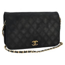 CHANEL Matelassé Chain Shoulder Bag Baumwolle Schwarz Gold CC Auth bs34166-1