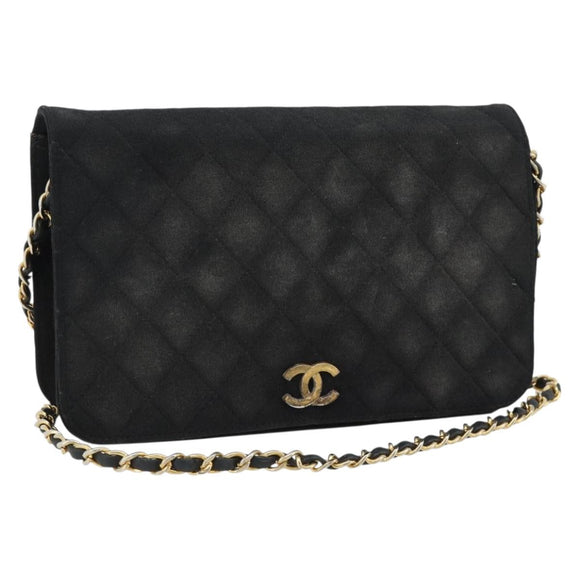 CHANEL Matelassé Chain Shoulder Bag Baumwolle Schwarz Gold CC Auth bs34166