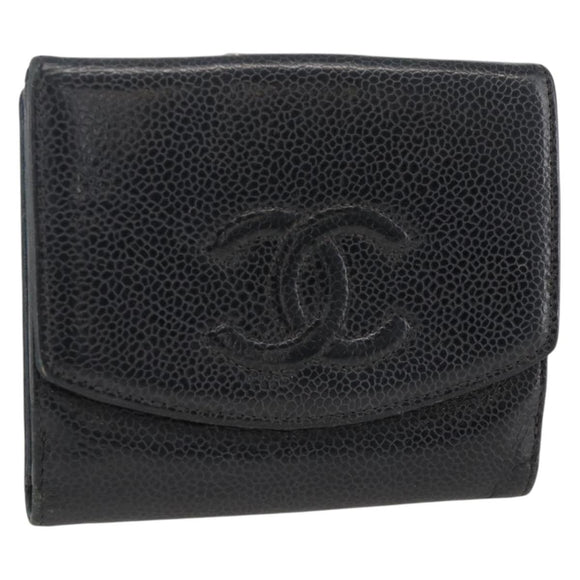CHANEL Bifold Wallet Caviar Skin Black Gold CC Auth bs34177