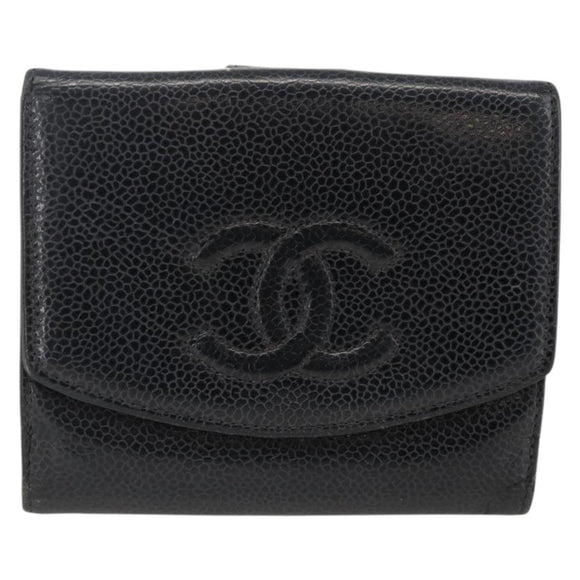 CHANEL Bifold Wallet Caviar Skin Black Gold CC Auth bs34177
