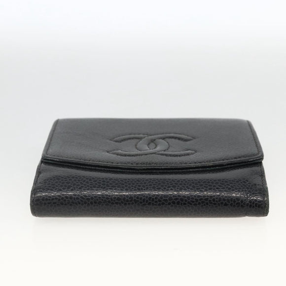 CHANEL Bifold Wallet Caviar Skin Black Gold CC Auth bs34177