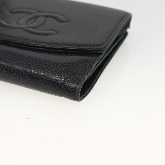 CHANEL Bifold Wallet Caviar Skin Black Gold CC Auth bs34177