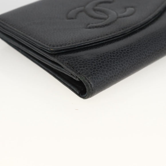 CHANEL Bifold Wallet Caviar Skin Black Gold CC Auth bs34177