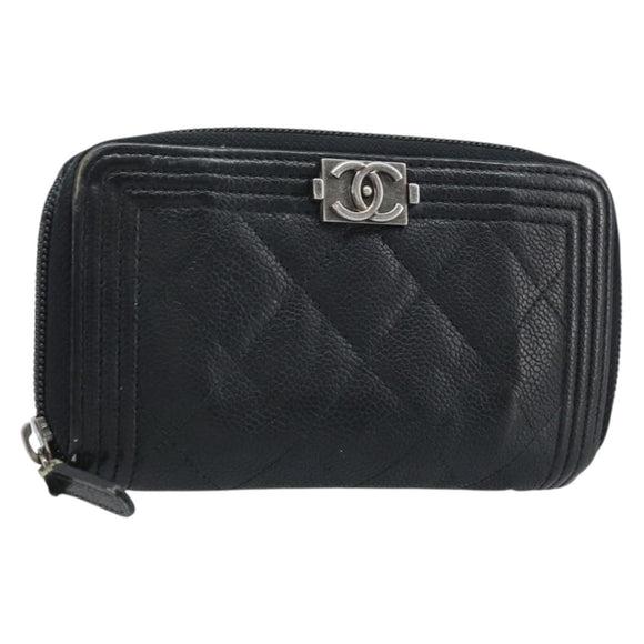 CHANEL Boy Chanel Matelasse Wallet Caviar Skin Black CC Auth bs34179