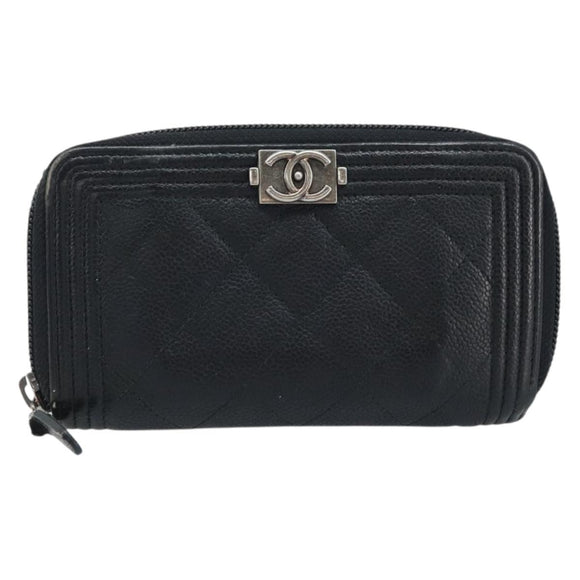 CHANEL Boy Chanel Matelasse Wallet Caviar Skin Black CC Auth bs34179