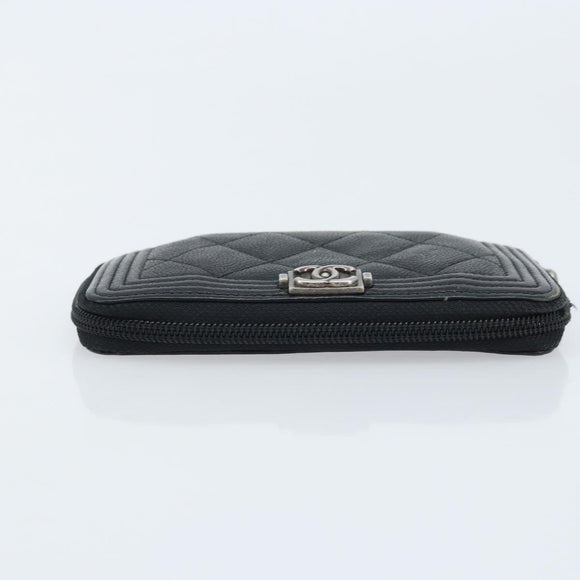 CHANEL Boy Chanel Matelasse Wallet Caviar Skin Black CC Auth bs34179