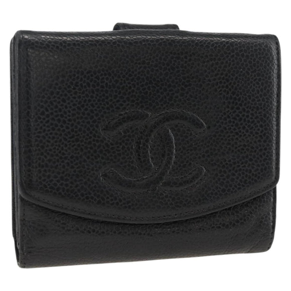 CHANEL Bifold Wallet Caviar Skin Black Gold CC Auth bs34185