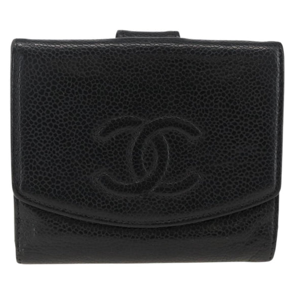 CHANEL Bifold Wallet Caviar Skin Black Gold CC Auth bs34185