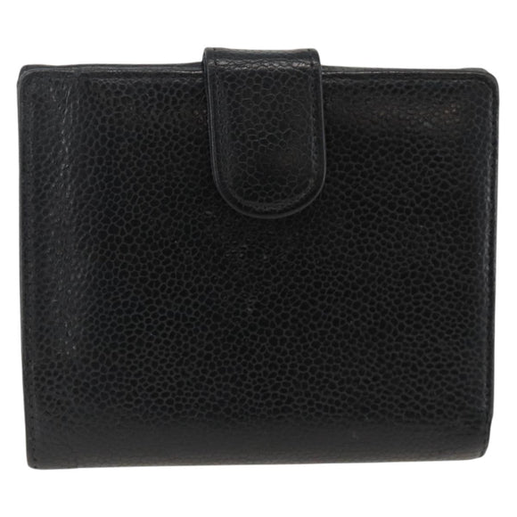 CHANEL Bifold Wallet Caviar Skin Black Gold CC Auth bs34185