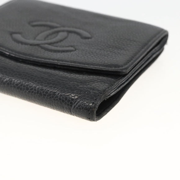 CHANEL Bifold Wallet Caviar Skin Black Gold CC Auth bs34185