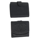 CHANEL Wallet Caviar Skin 2 Set Black CC Auth bs34186-1