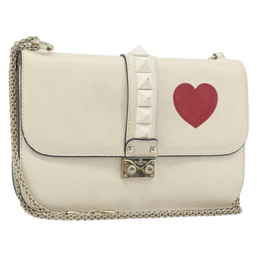 VALENTINO Chain Shoulder Bag Leather White Gold Auth bs34199