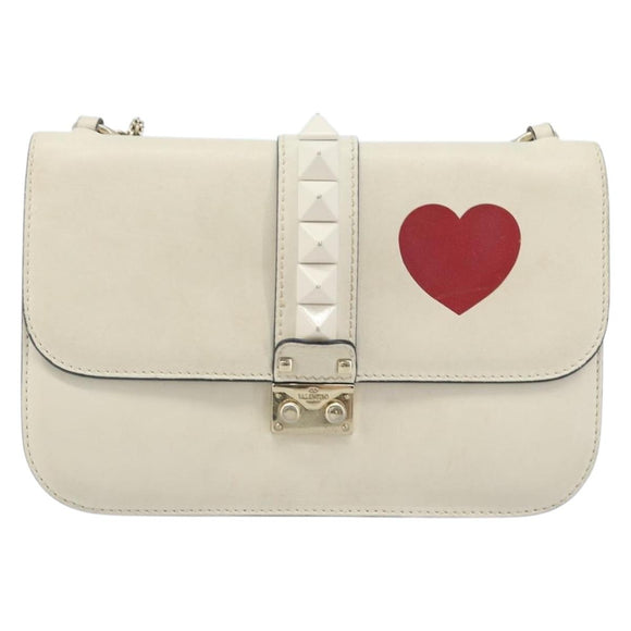 VALENTINO Chain Shoulder Bag Leather White Gold Auth bs34199