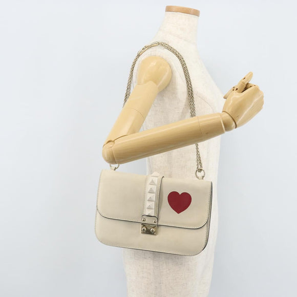 VALENTINO Chain Shoulder Bag Leather White Gold Auth bs34199