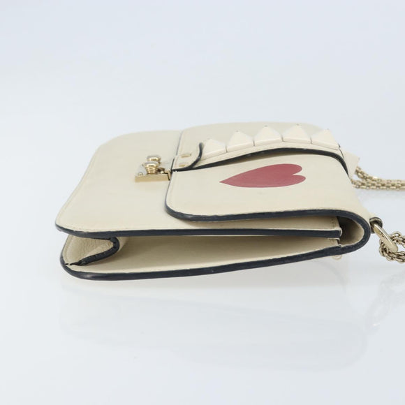 VALENTINO Chain Shoulder Bag Leather White Gold Auth bs34199