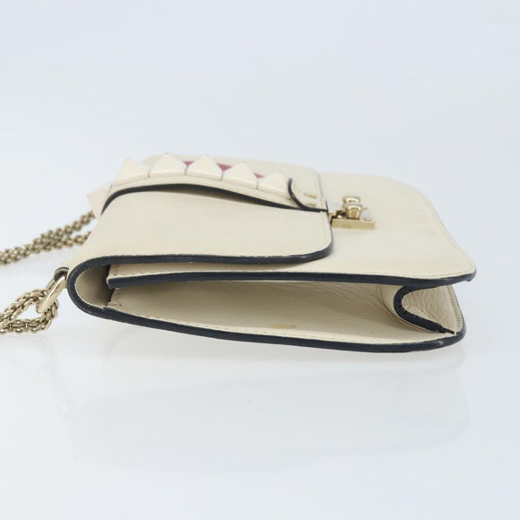 VALENTINO Chain Shoulder Bag Leather White Gold Auth bs34199