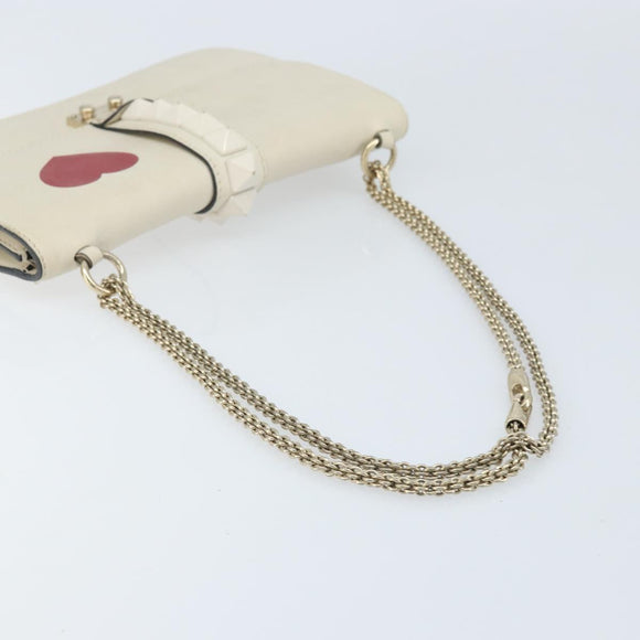VALENTINO Chain Shoulder Bag Leather White Gold Auth bs34199