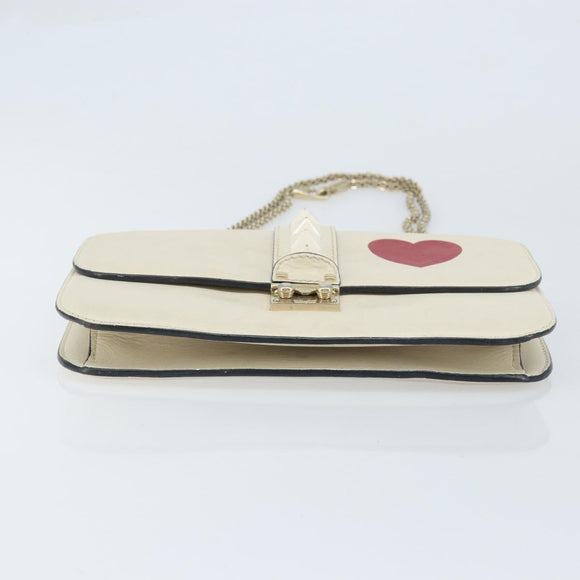VALENTINO Chain Shoulder Bag Leather White Gold Auth bs34199