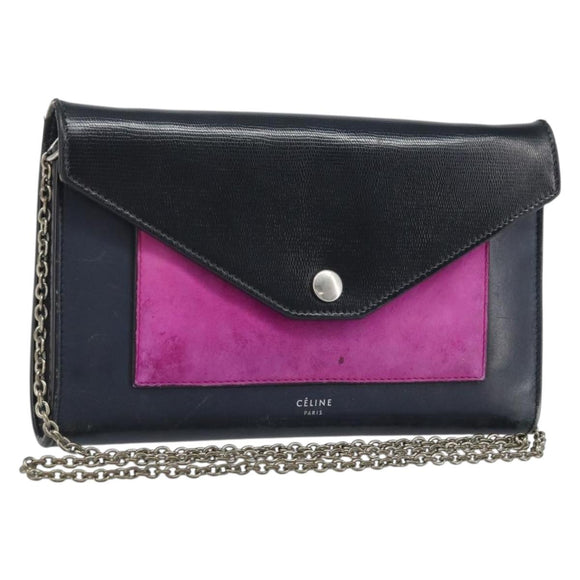 CELINE Chain Shoulder Bag Leather Navy Silver Auth bs34226