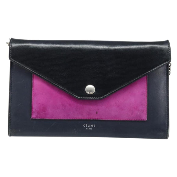 CELINE Chain Shoulder Bag Leather Navy Silver Auth bs34226
