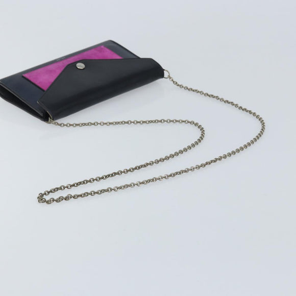 CELINE Chain Shoulder Bag Leather Navy Silver Auth bs34226