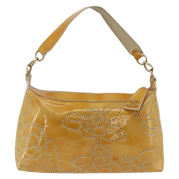 CHANEL Shoulder Bag Patent Leather Yellow Gold CC Auth bs34234
