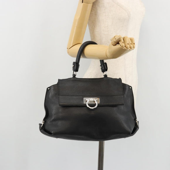 Salvatore Ferragamo Gancini Hand Bag Leather Black Silver Auth bs34239
