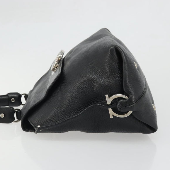 Salvatore Ferragamo Gancini Hand Bag Leather Black Silver Auth bs34239