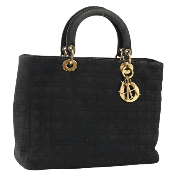 Christian Dior Lady Dior Hand Bag Nylon Black Gold Auth bs34244