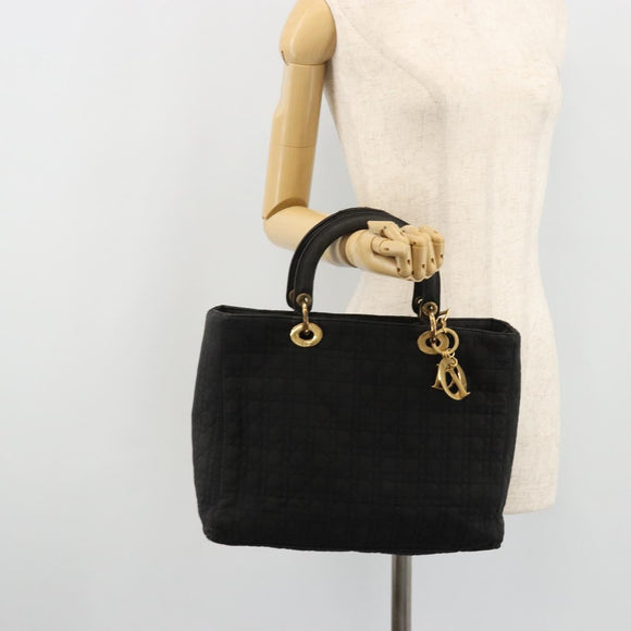 Christian Dior Lady Dior Hand Bag Nylon Black Gold Auth bs34244