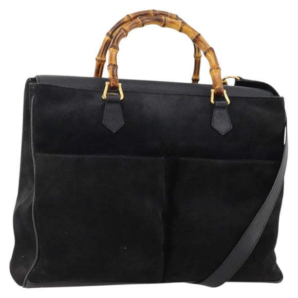 GUCCI Bamboo Hand Bag Suede 2way Black Gold 002 2855 0322 0 Auth bs34248