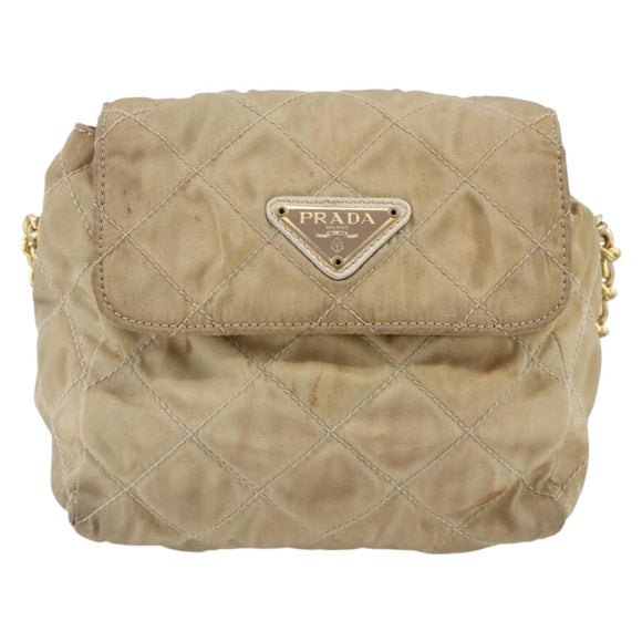 PRADA Chain Shoulder Bag Nylon Beige Gold Auth bs34265