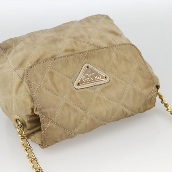 PRADA Chain Shoulder Bag Nylon Beige Gold Auth bs34265