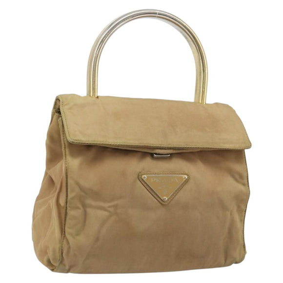 PRADA Hand Bag Nylon Beige Gold Auth bs34269