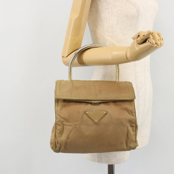 PRADA Hand Bag Nylon Beige Gold Auth bs34269
