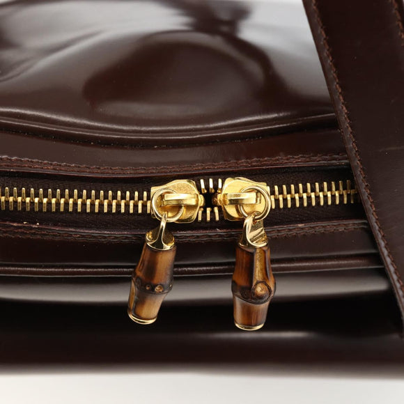 GUCCI Bamboo Tote Bag Patent leather Brown Gold Auth bs34270