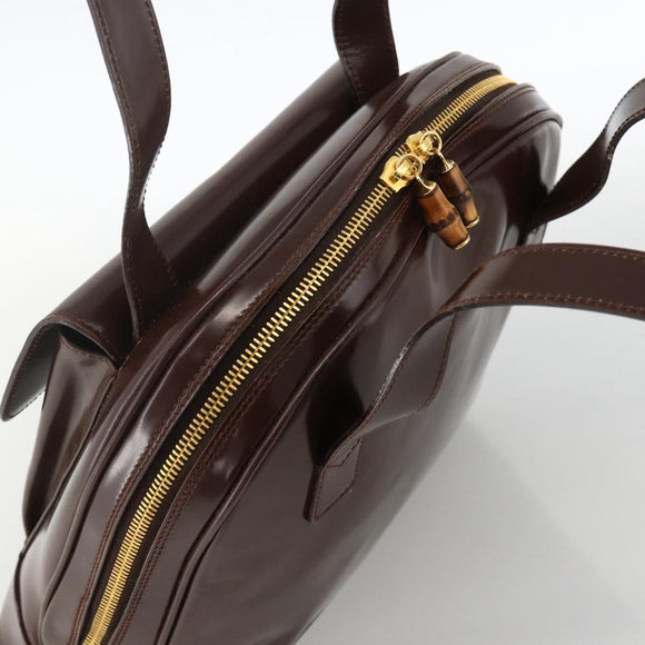 GUCCI Bamboo Tote Bag Patent leather Brown Gold Auth bs34270
