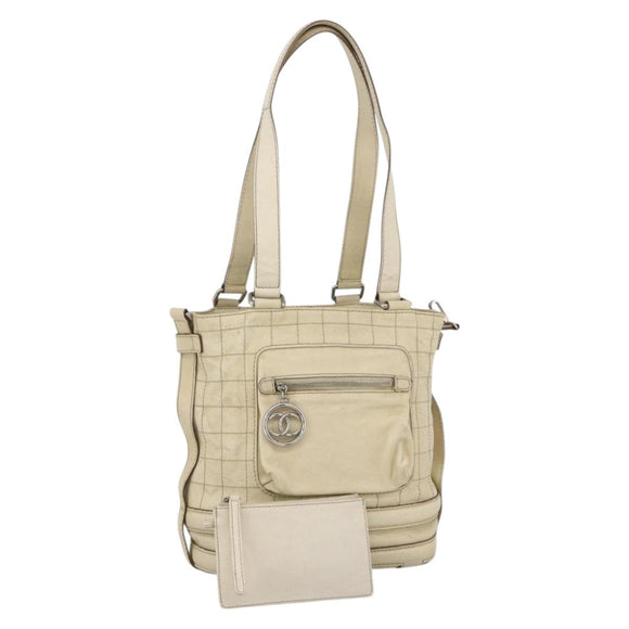CHANEL Choco Bar Hand Bag Leather Ivory Silver CC Auth bs34277