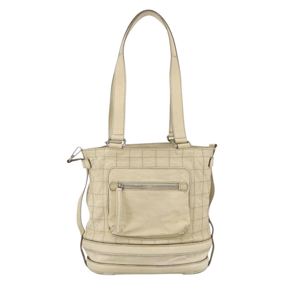 CHANEL Choco Bar Hand Bag Leather Ivory Silver CC Auth bs34277
